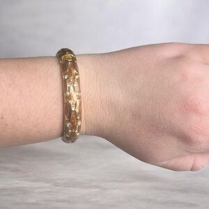 Vintage Tan Enamel and Gold Tone Rhinestone Clamper Bangle Bracelet